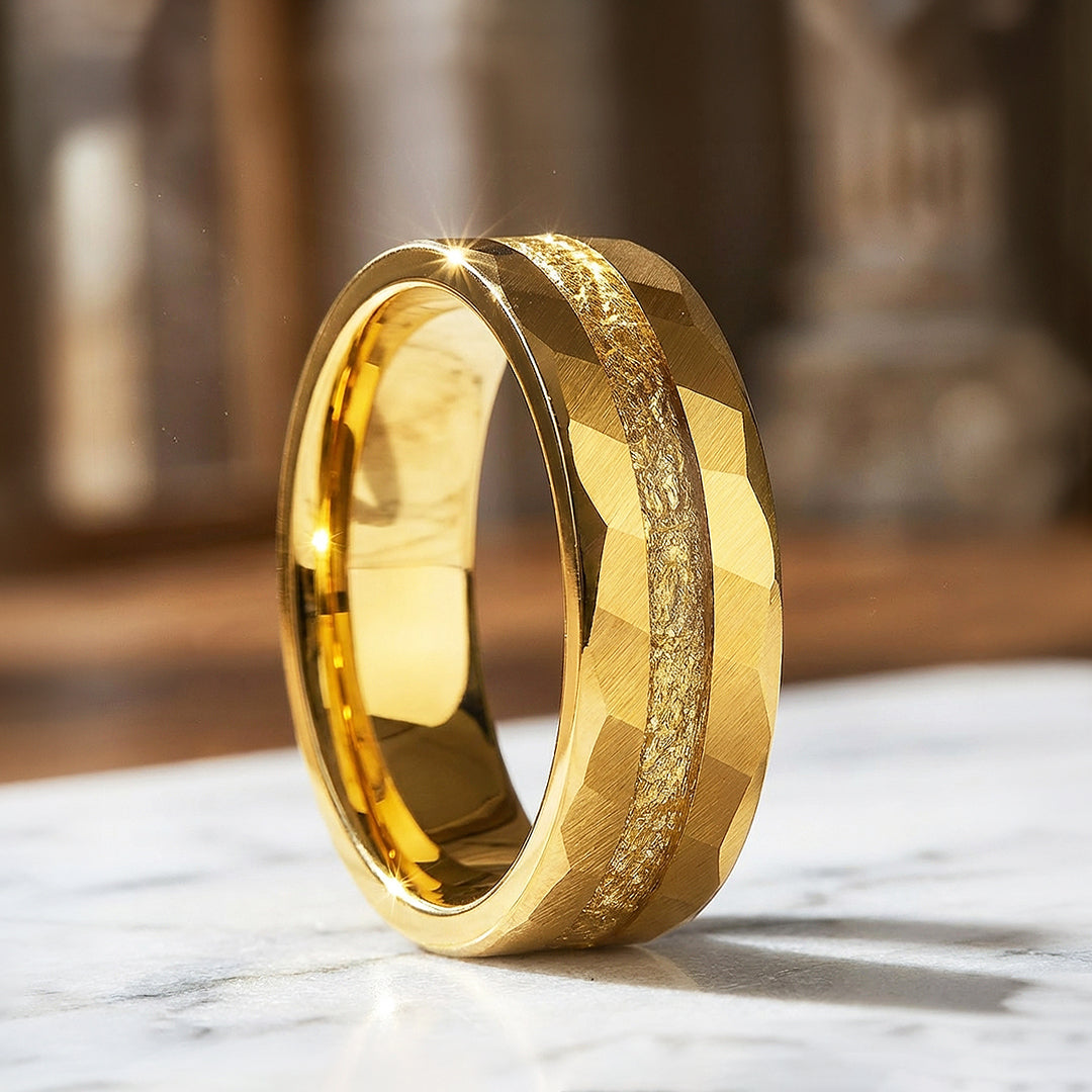 Molten Hammered Gold Tungsten Carbide Ring | Men's Ring