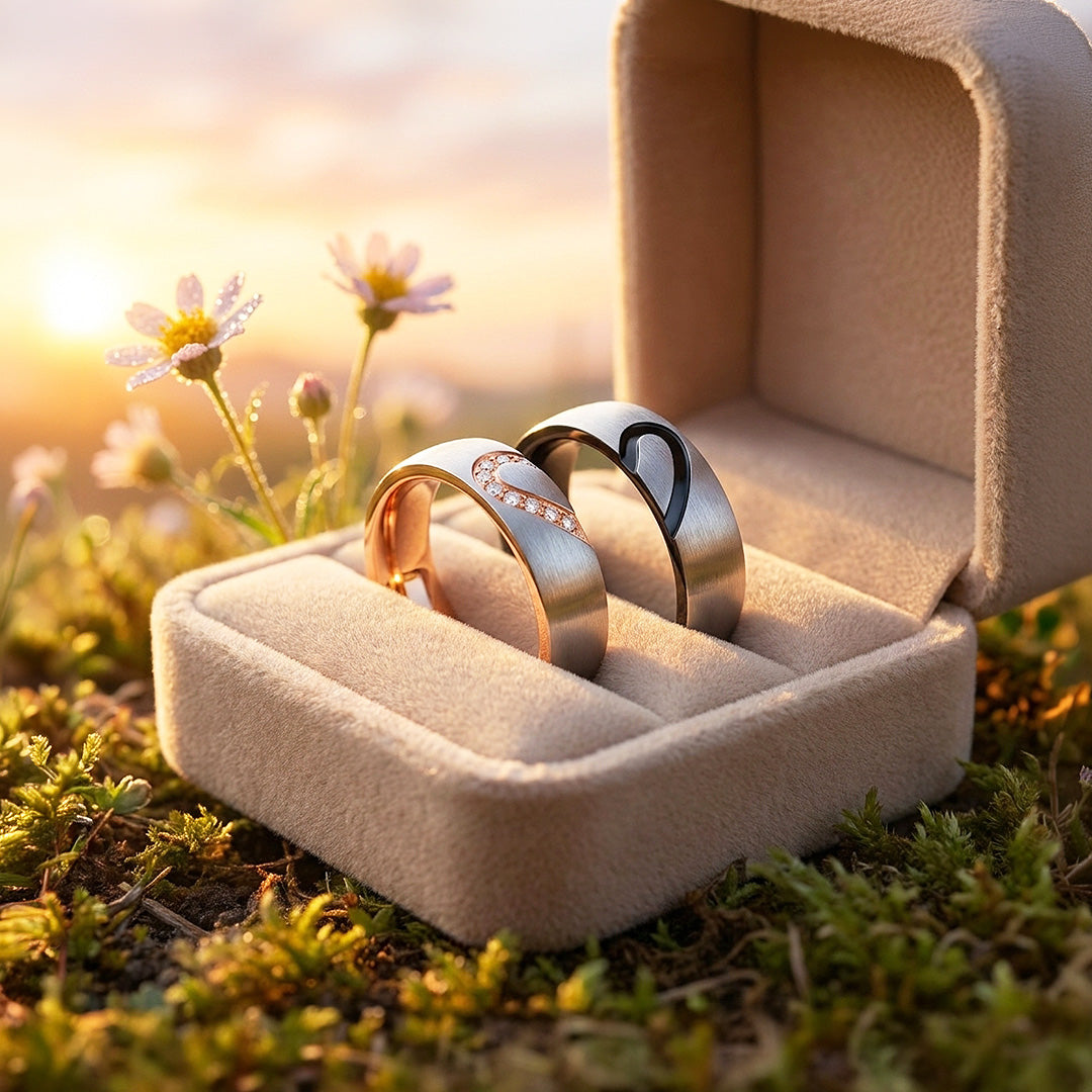 One Heart | Brushed Interlocking Half-Heart Dome Wedding Band