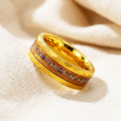 Ore Gold Hammered Wood Antler Inlay Tungsten Carbide Ring | Men's Ring