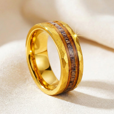 Ore Gold Hammered Wood Antler Inlay Tungsten Carbide Ring | Men's Ring