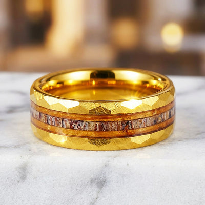 Ore Gold Hammered Wood Antler Inlay Tungsten Carbide Ring | Men's Ring
