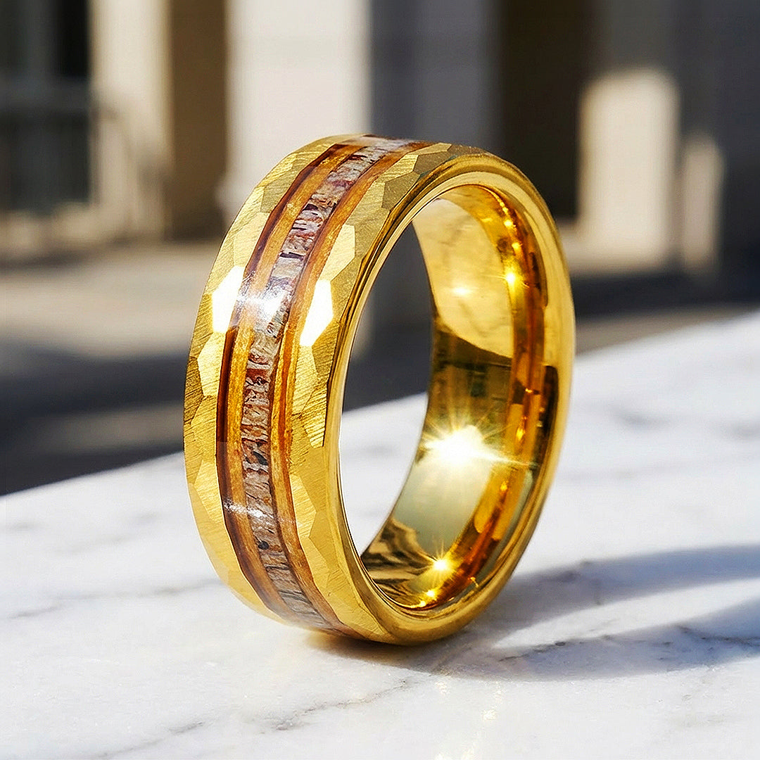 Ore Gold Hammered Wood Antler Inlay Tungsten Carbide Ring | Men's Ring