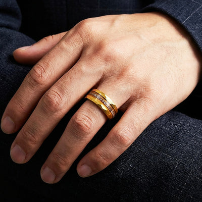 Ore Gold Hammered Wood Antler Inlay Tungsten Carbide Ring | Men's Ring