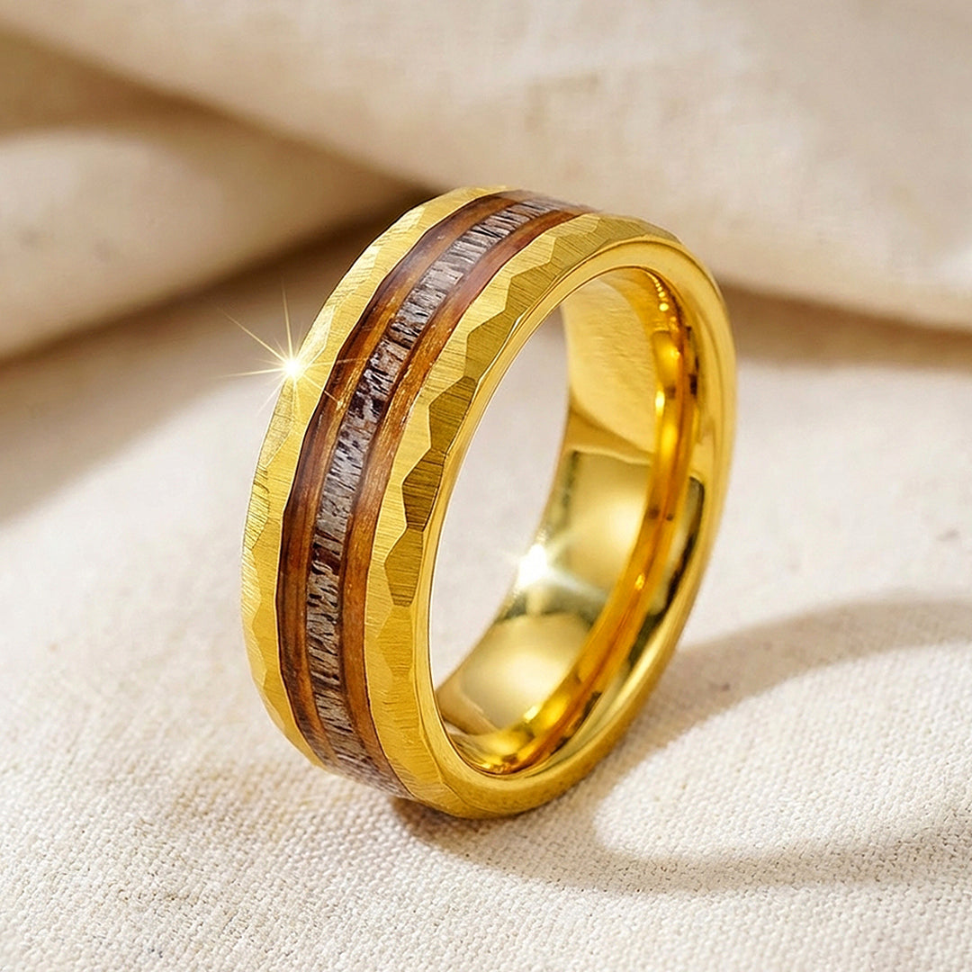 Ore Gold Hammered Wood Antler Inlay Tungsten Carbide Ring | Men's Ring