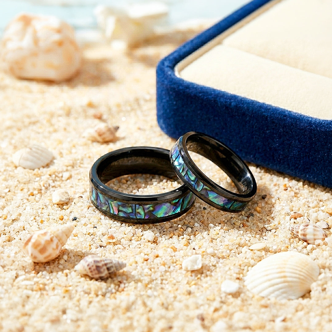 Pacific Reef | Abalone Shell Tungsten Couple Rings | Wedding Bands