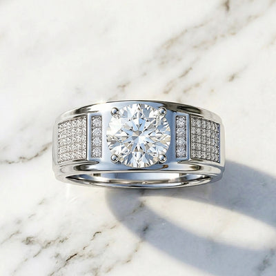 Solitaire Pavé Panel Moissanite Men Ring | 925 Sterling Silver | PRM1008