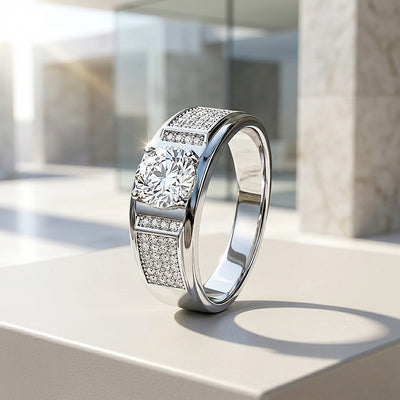 Solitaire Pavé Panel Moissanite Men Ring | 925 Sterling Silver | PRM1008