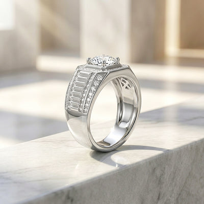 Halo Baguette Moissanite Men Ring | 925 Sterling Silver | PRM1009