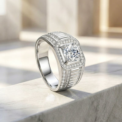 Halo Baguette Moissanite Men Ring | 925 Sterling Silver | PRM1009