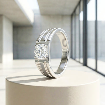 Ridged Solitaire Moissanite Men Ring | 925 Sterling Silver | PRM1010