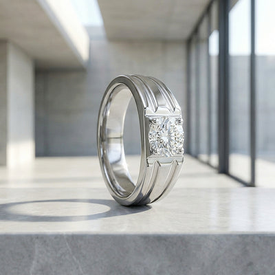 Ridged Solitaire Moissanite Men Ring | 925 Sterling Silver | PRM1010