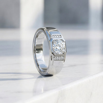 Square Bezel Solitaire Moissanite Men Ring | 925 Sterling Silver | PRM1011