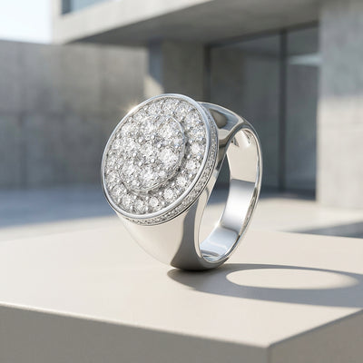 Round Pavé Signet Moissanite Men Ring | 925 Sterling Silver | PRM1021