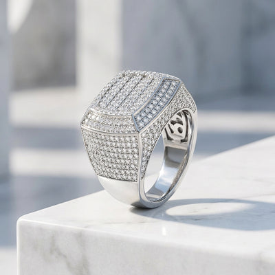 Iced Cushion Signet Moissanite Men Ring | 925 Sterling Silver | PRM1022