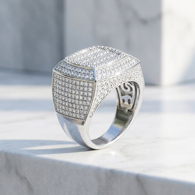 Iced Cushion Signet Moissanite Men Ring | 925 Sterling Silver | PRM1022