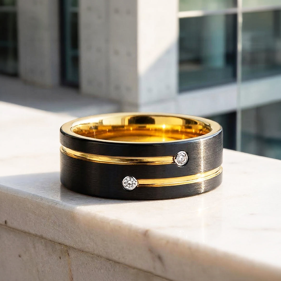 Rich | Brushed Dual Stone Black Tungsten Carbide Ring | Men's Ring
