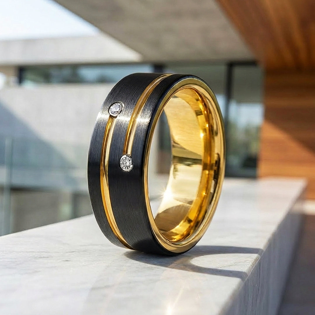 Rich | Brushed Dual Stone Black Tungsten Carbide Ring | Men's Ring