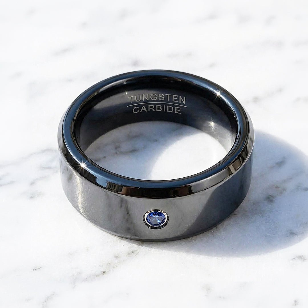 Sage Blue Solitaire Black Tungsten Carbide Ring | Men's Ring