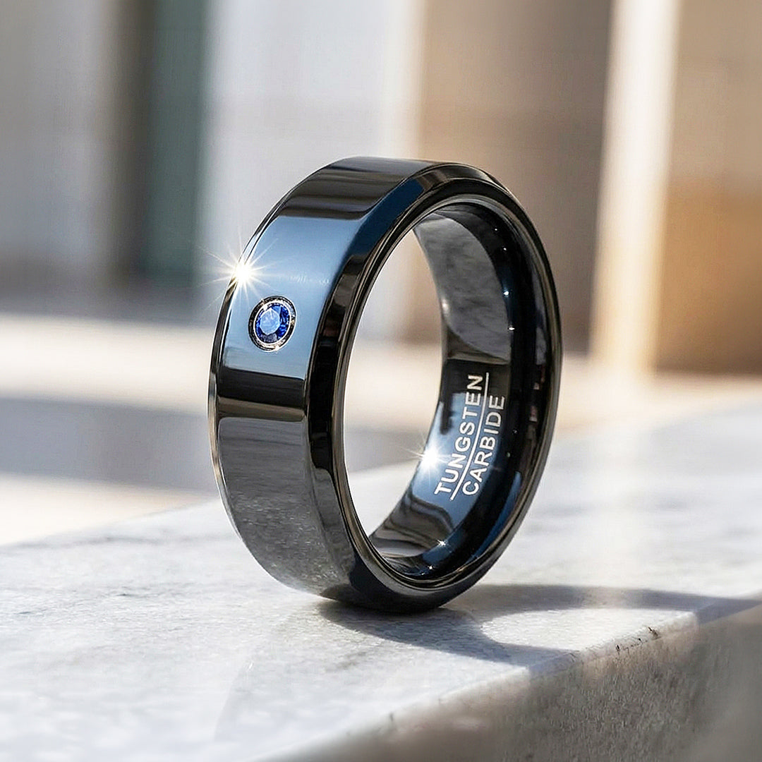 Sage Blue Solitaire Black Tungsten Carbide Ring | Men's Ring