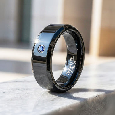 Sage Blue Solitaire Black Tungsten Carbide Ring | Men's Ring