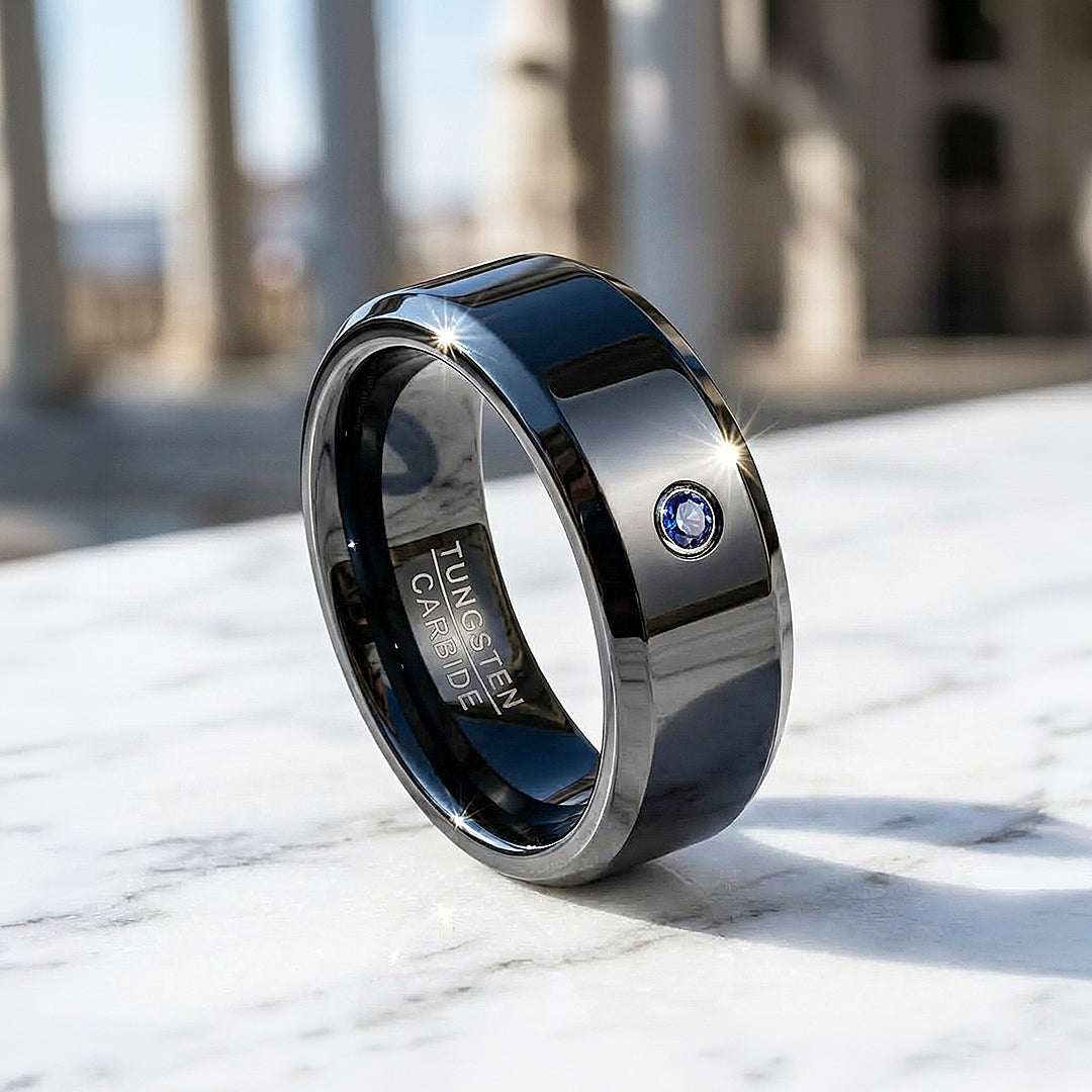Sage Blue Solitaire Black Tungsten Carbide Ring | Men's Ring