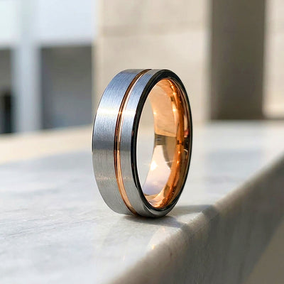 Salman | Brushed Silver and Rose Gold Grooved Step Edge Tungsten Carbide