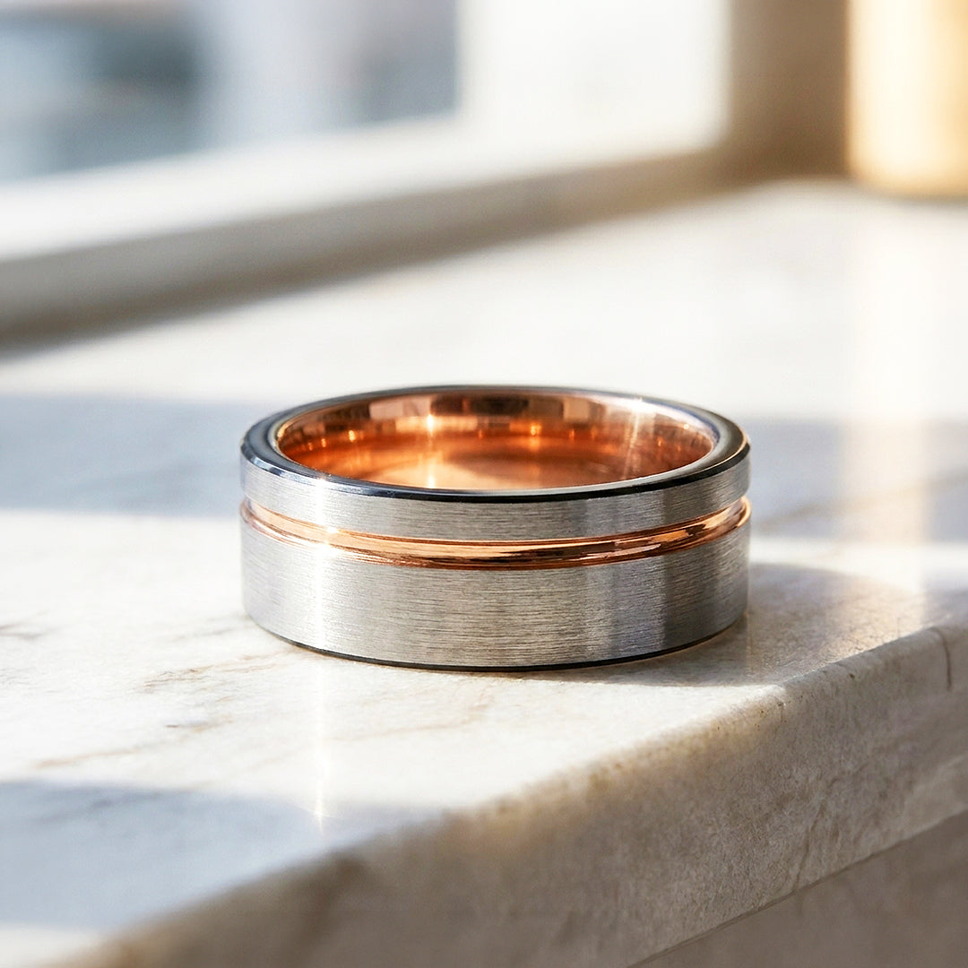Salman | Brushed Silver and Rose Gold Grooved Step Edge Tungsten Carbide