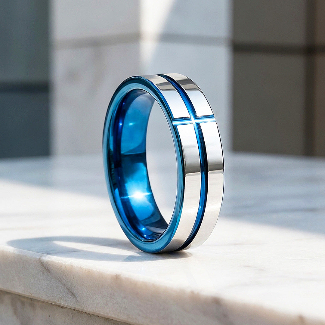 Sloane | Blue Groove Silver Tungsten Ring | Men's Ring