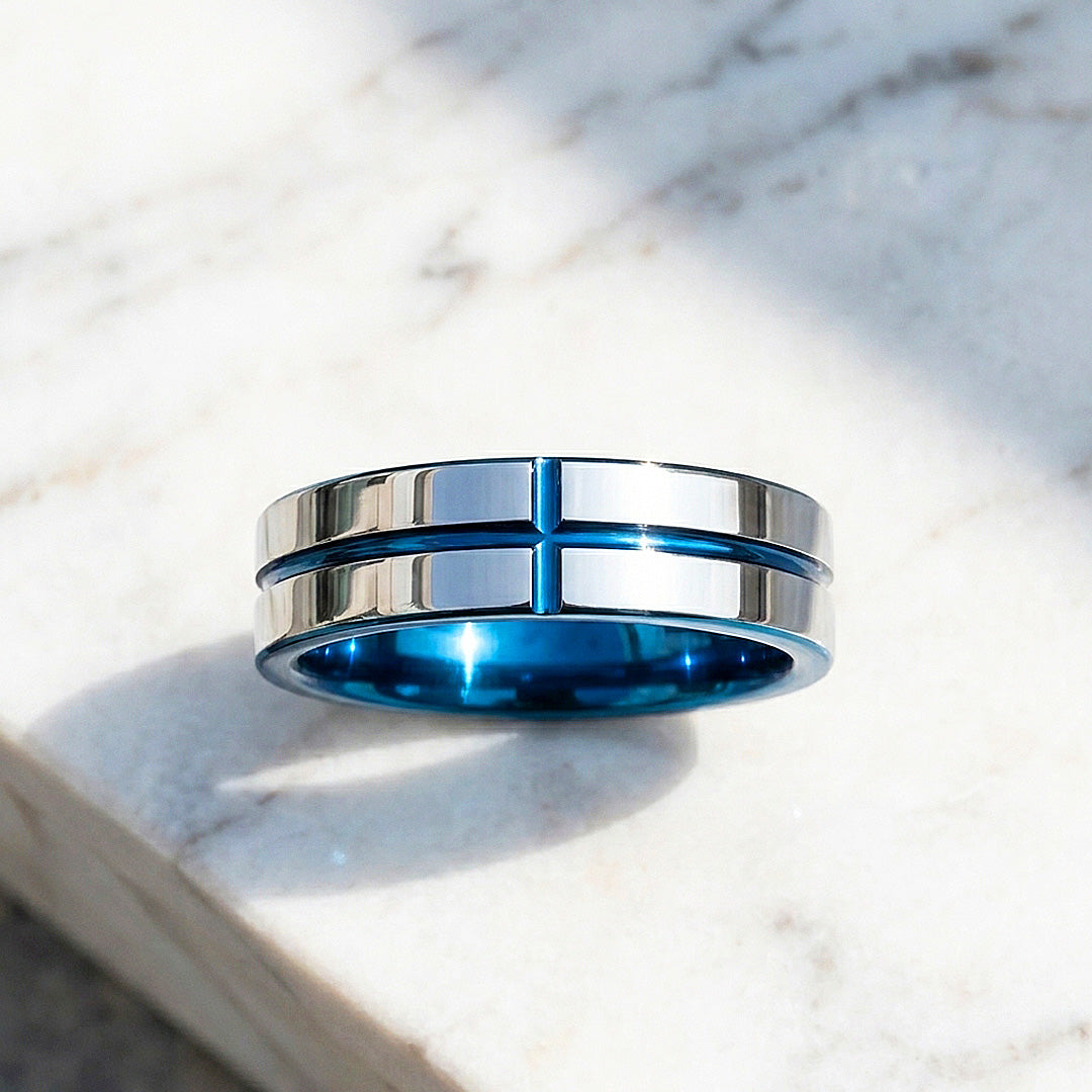 Sloane | Blue Groove Silver Tungsten Ring | Men's Ring