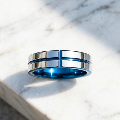 Sloane | Blue Groove Silver Tungsten Ring | Men's Ring