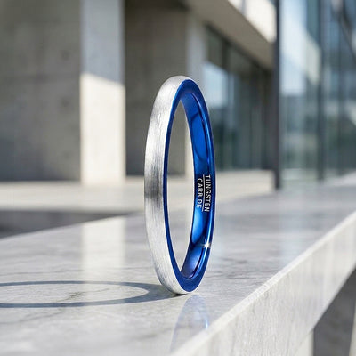 Tickled | Brushed Silver and Blue Dome Dual Tone Tungsten Carbide