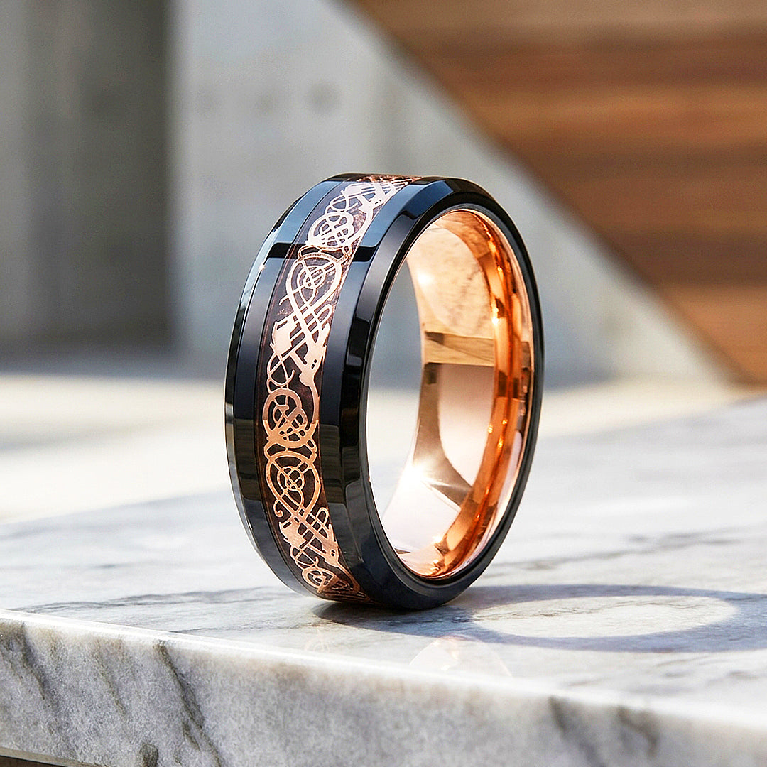 Trilogy | Celtic Rose Gold Carbon Fibre Inlay Black Tungsten Carbide | Men's Ring