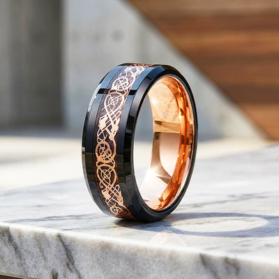 Trilogy | Celtic Rose Gold Carbon Fibre Inlay Black Tungsten Carbide | Men's Ring