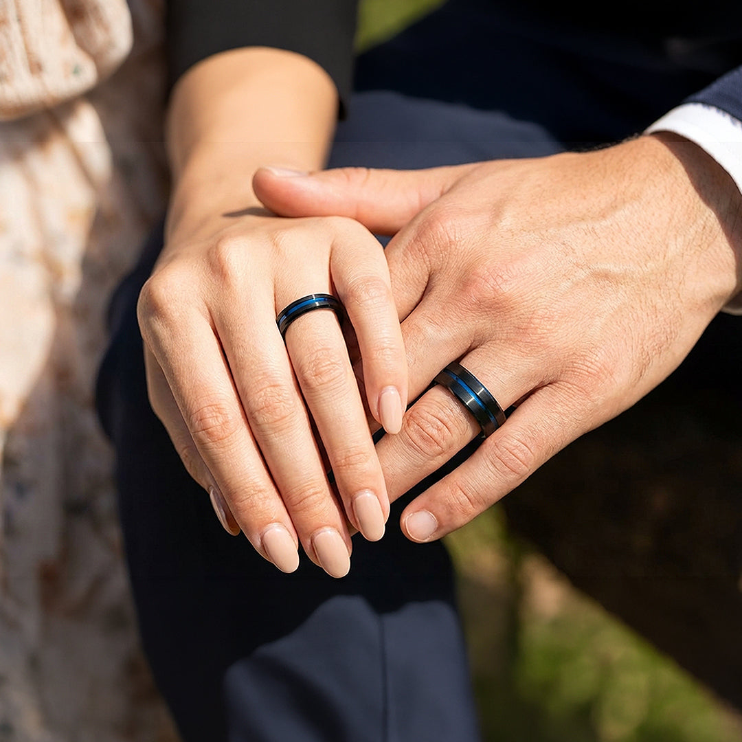 Twilight Blue | Tungsten Couple Rings | Black Wedding Bands