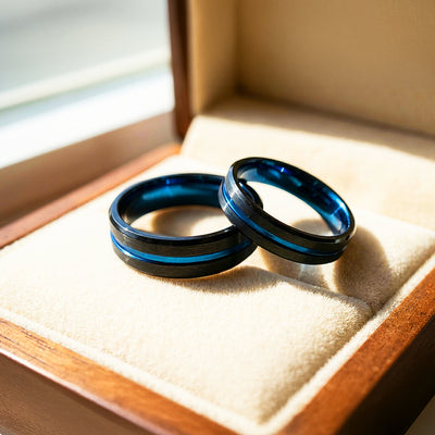 Twilight Blue | Tungsten Couple Rings | Black Wedding Bands