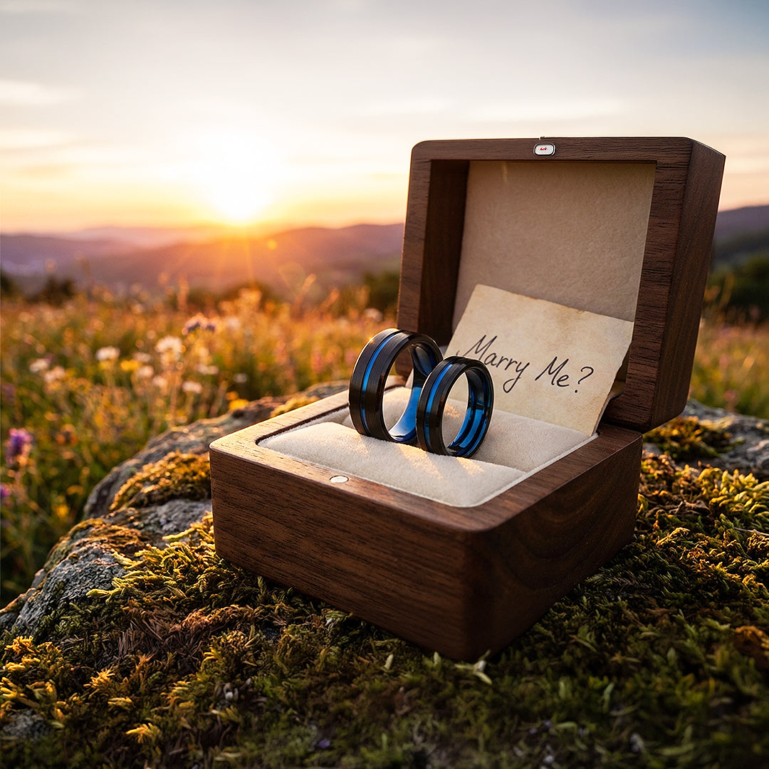 Twilight Blue | Tungsten Couple Rings | Black Wedding Bands