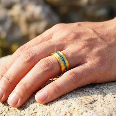Veridian Hammered Gold Teal Inlay Tungsten Carbide Ring | Men's Ring