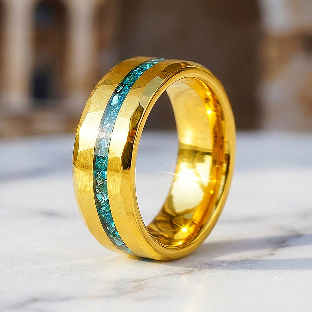 Veridian Hammered Gold Teal Inlay Tungsten Carbide Ring | Men's Ring