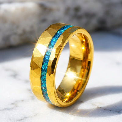 Veridian Hammered Gold Teal Inlay Tungsten Carbide Ring | Men's Ring
