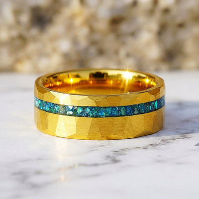 Veridian Hammered Gold Teal Inlay Tungsten Carbide Ring | Men's Ring