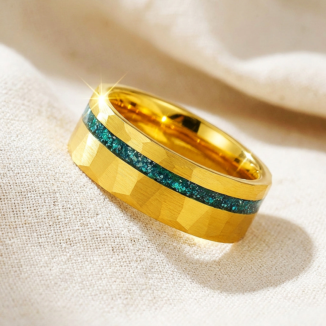 Veridian Hammered Gold Teal Inlay Tungsten Carbide Ring | Men's Ring