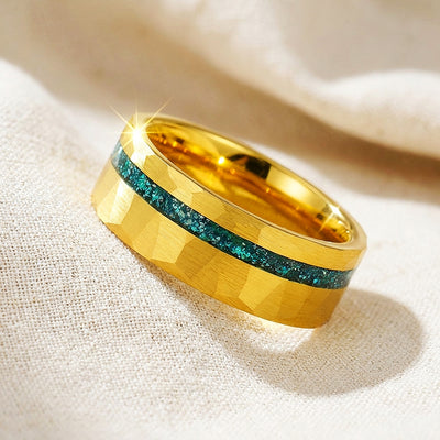 Veridian Hammered Gold Teal Inlay Tungsten Carbide Ring | Men's Ring