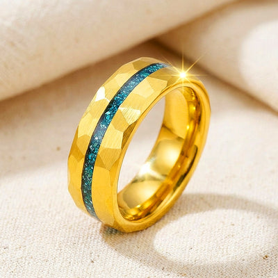 Veridian Hammered Gold Teal Inlay Tungsten Carbide Ring | Men's Ring