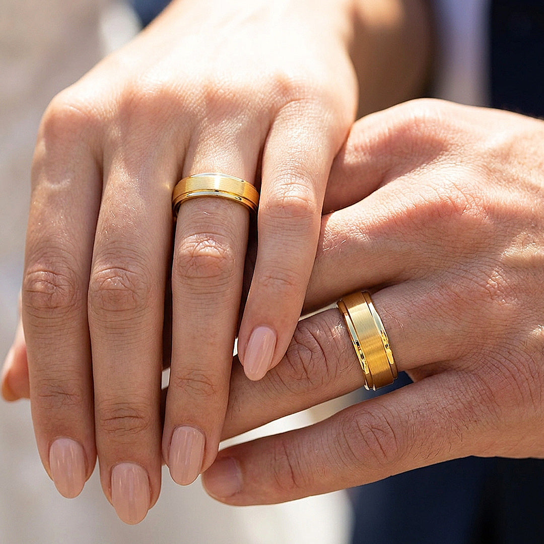 Wanderlust | Tungsten Couple Rings | Gold Wedding Bands