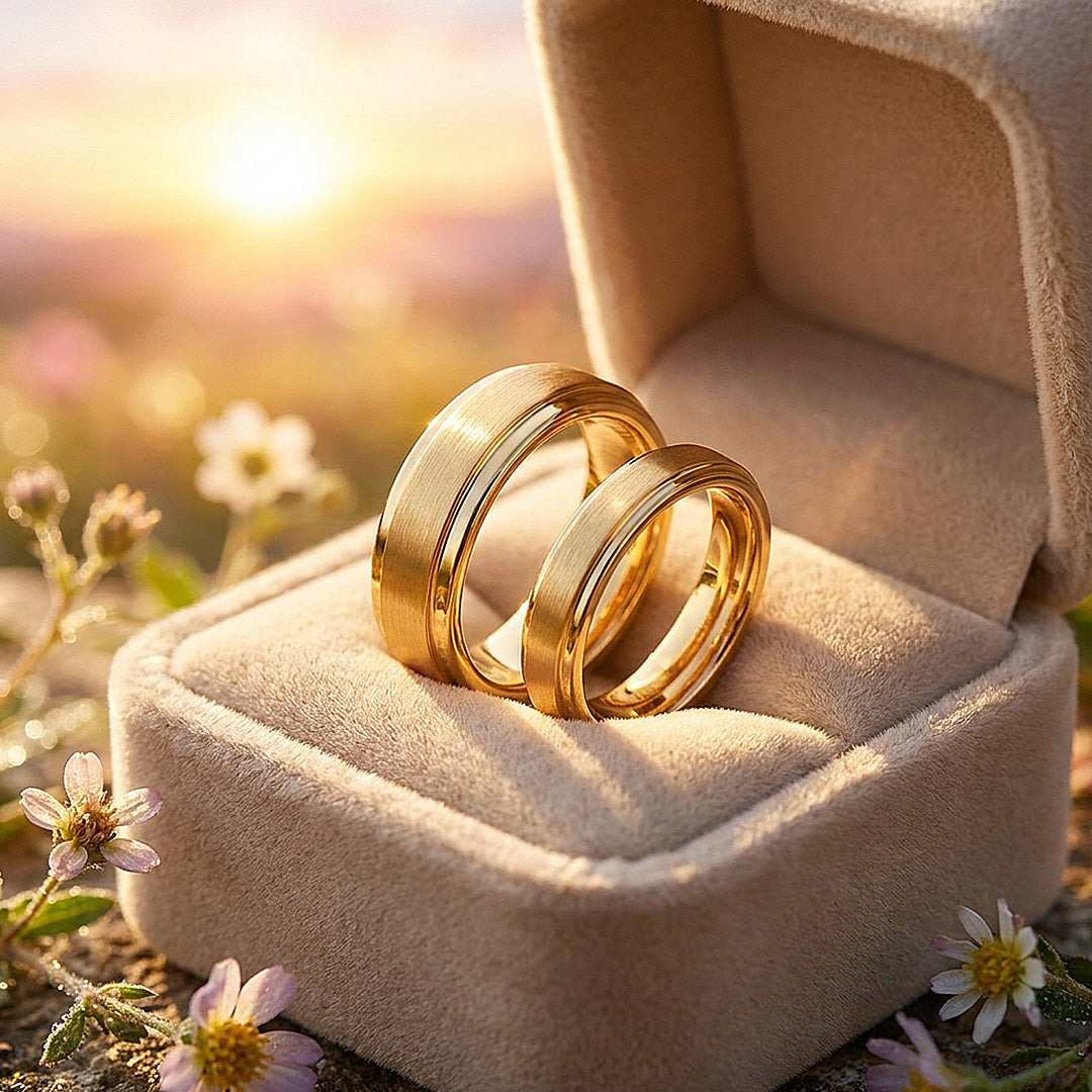 Wanderlust | Tungsten Couple Rings | Gold Wedding Bands