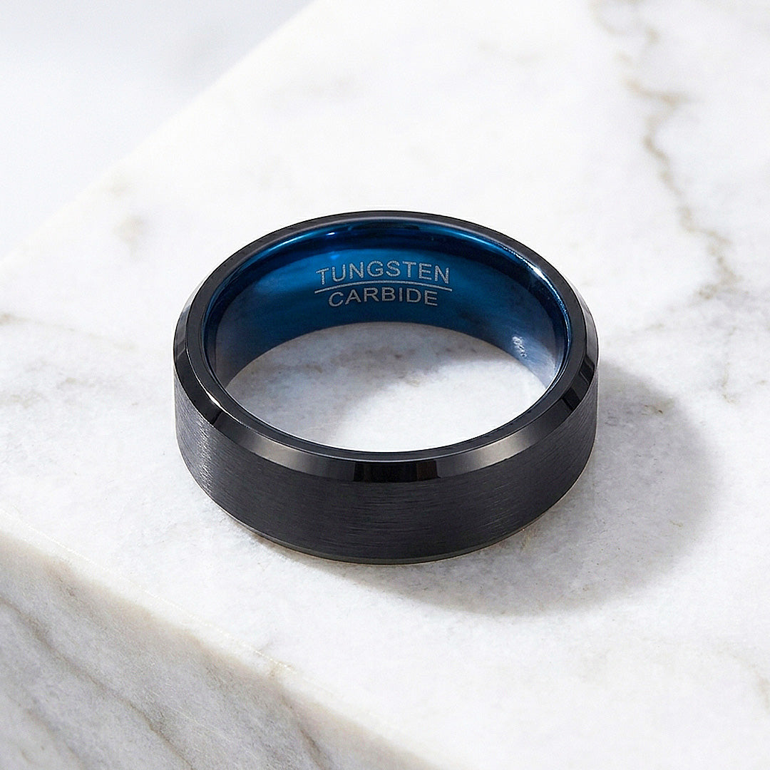 Gadget | Black Matte Bevelled Edge Blue Interior Tungsten Carbide | Men's Ring