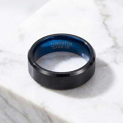 Gadget | Black Matte Bevelled Edge Blue Interior Tungsten Carbide | Men's Ring