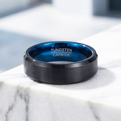 Gadget | Black Matte Bevelled Edge Blue Interior Tungsten Carbide | Men's Ring